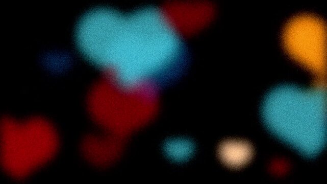 Colorful glowing hearts loop. Beautiful multi-colored hearts in retro grainy style flying through the camera. Like sign shapes with soft noise. 80s, 90s. Nice Doodle style romantic, love concept. 
