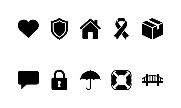 Emotional Support Concepts, solid glyph icon set featuring heart, protective shield, home, support ribbon, care package, chat bubble, lock, umbrella, lifebuoy and helping bridge symbol, covering