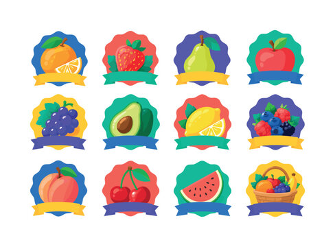 Fresh Fruit Badges &mdash; bright flat vector icon set of 12 isolated decorative fruit labels featuring orange, strawberry, pear, apple, grape, avocado, lemon, berry, peach, cherry, watermelon, and mixed