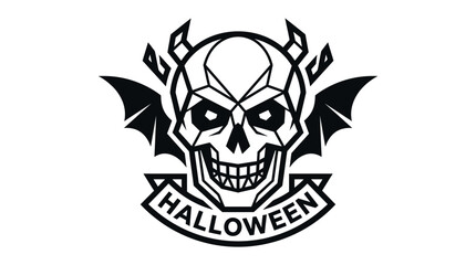 Fototapeta premium Stylized Geometric Skull Emblem with Bat Wings and Halloween Banner.