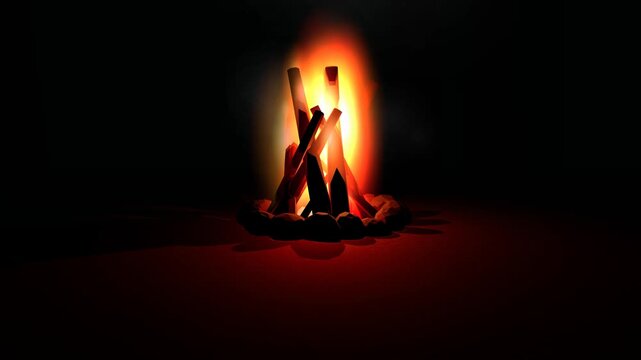 An ultra-realistic 3D Three.js animation of a campfire featuring a highly detailed triangular wood stack (teepee style). Includes dramatic lighting contrast, volumetric-style fire particles, glowing e
