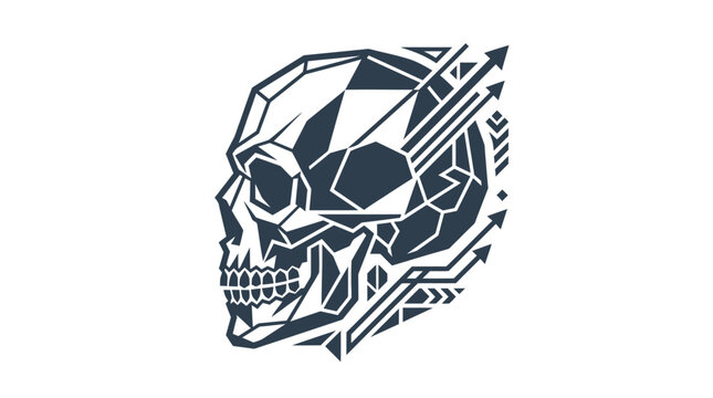 Stylized geometric skull illustration with dynamic arrows.