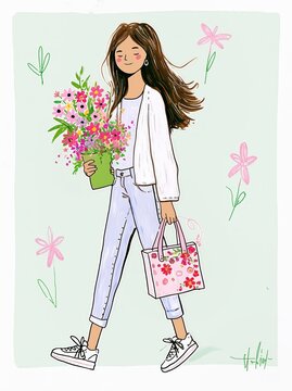 flat graphic design illustration girl with long hair in a joyful brisk walk pose with bag and flowers