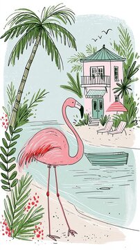 adorable illustration of pink flamingo on pretty beach in vacation atmosphere