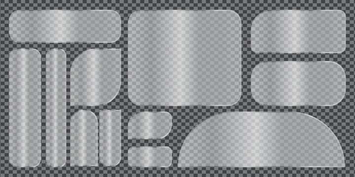 Glassmorphism ui elements vector set transparent frosted glass banners, buttons, and panels with blur effect and gradient highlights