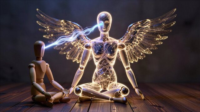 Wooden figures meditate, one glowing with wings and energy.