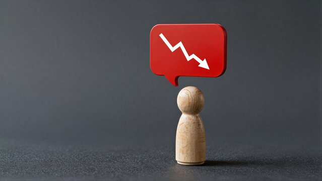 Wooden figure beneath red downward arrow, symbolizing decline or negative trend.