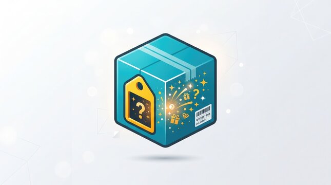 Isometric blue cardboard shipping box with a yellow question mark price tag mystery box isometric package delivery box mystery shopping surprise package retail box unknown product