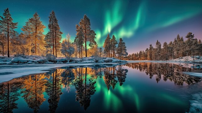 spectacular Northern Lights dancing across the Arctic sky, vivid emerald green, turquoise, cyan and violet aurora illuminating snowy pine forest