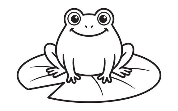 Cute frog on lily pad coloring page vector illustration featuring simple black outlines for children activity