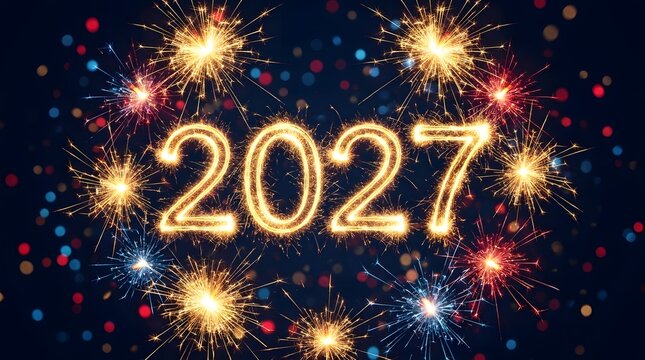 Bright golden 2027 numbers surrounded by colorful festive fireworks celebrating the arrival of new year day