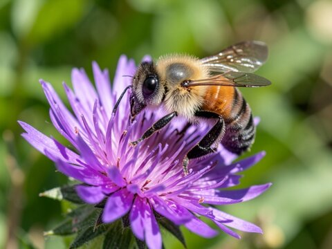 Macro photography of a honey bee pollinating a purple flower in a garden