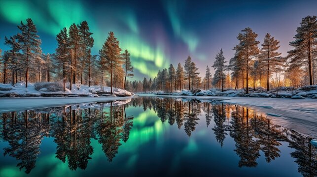 spectacular Northern Lights dancing across the Arctic sky, vivid emerald green, turquoise, cyan and violet aurora illuminating snowy pine forest