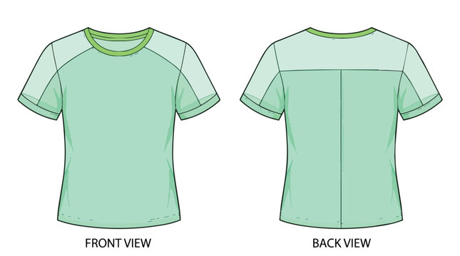 Light Green Activewear T-Shirt Technical Drawing with Raglan Sleeves Front and Back View Clothing Template