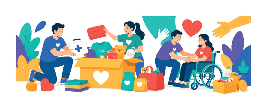 Volunteering Charity Support, bright colorful flat vector banner, 3 expressive volunteers sharing an oversized donation box and helping hands, supporting heart, medical kit, food package, coin and