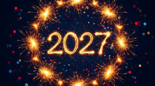 Glowing golden numbers for the year 2027 surrounded by bright fireworks celebrating a festive new years day