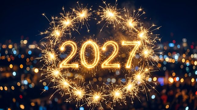 Golden 2027 numbers surrounded by bright festive fireworks display to celebrate the arrival of new year day
