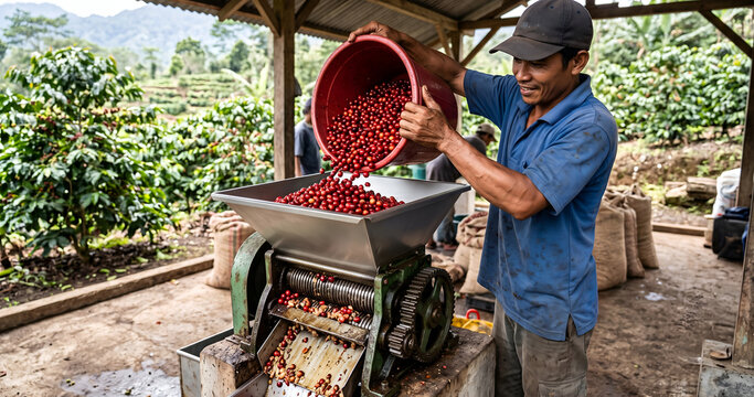 Coffee Farmer Feeding Coffee Cherries into Pulper Machine