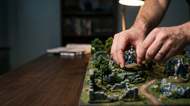 Close-up of a person's hands meticulously arranging miniature figures on a custom-built tabletop wargaming terrain, highlighting a detailed and immersive hobby