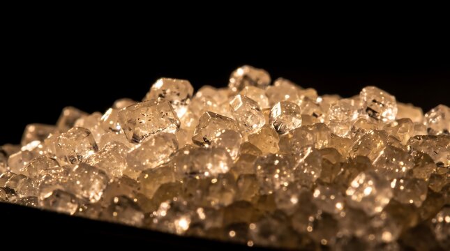 Macro view of shimmering translucent crystal grains with golden warm light against a dark black background