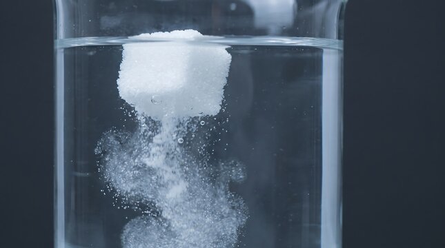 White sugar cube dissolving in clear water within a laboratory beaker against a dark background