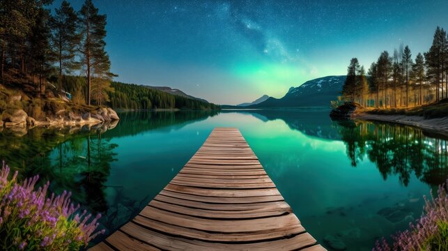 Luxury fine art landscape photography, ultra-realistic professional photograph of a rustic wooden pier extending into a crystal-clear turquoise mountain lake
