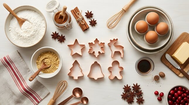 Christmas baking ingredients and festive cookie cutters on a white kitchen table background