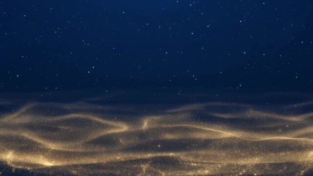 Abstract deep blue cosmic space background with flowing golden glowing stardust and sweeping light waves