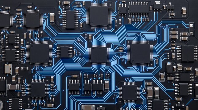 Blue glowing circuit board with microchips and electronic components for artificial intelligence, big data, cyber security and futuristic computer engineering technology background