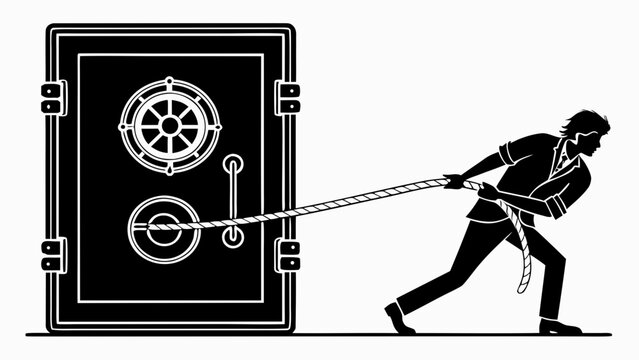 A man in a suit pulls a large metal vault door with a rope, representing the effort and struggle to access financial security or wealth