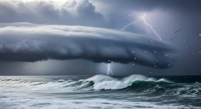 Lightning strikes over a turbulent stormy ocean with a flock of seagulls flying above waves with lightning bolts flash