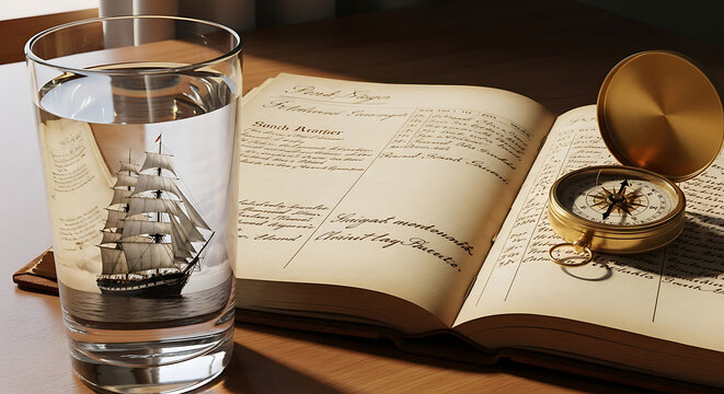 A tall ship reflected in a glass of water next to an open antique book