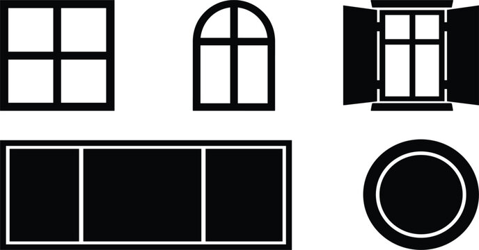 Architecture window frames solid glyph vector icon set with arched square open shutters and circular glass layouts