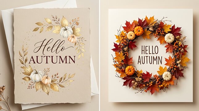 Hello autumn greeting cards with pumpkins and fall leaves