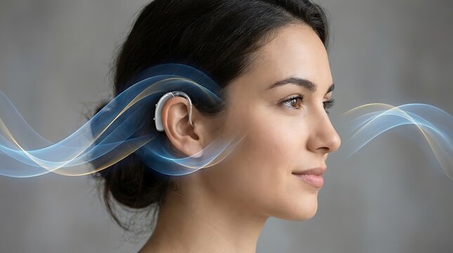 Woman wearing a hearing aid with sound wave visualization