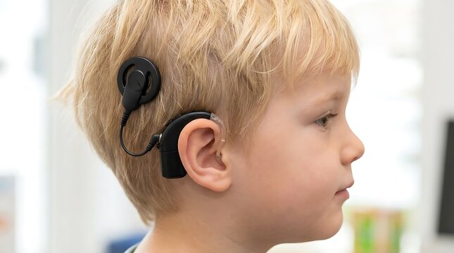 Young child wearing a cochlear implant device