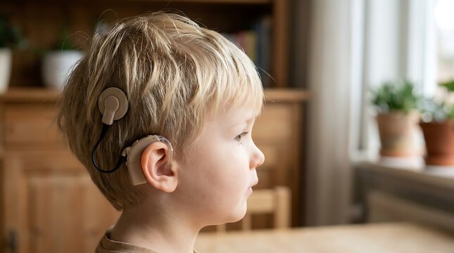 Young child wearing a cochlear implant device