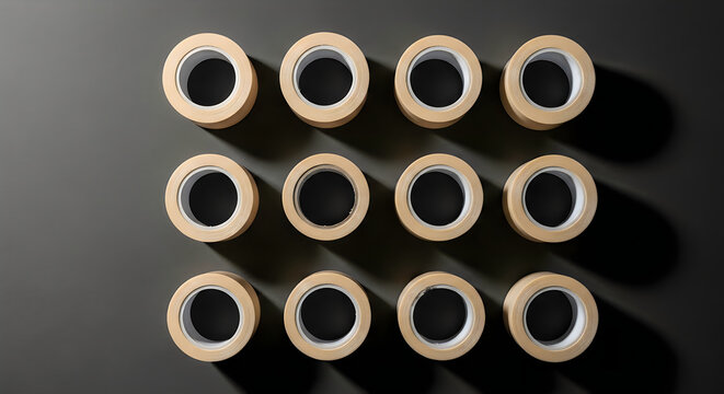 Minimalist grid of twelve beige masking tape rolls on dark background
