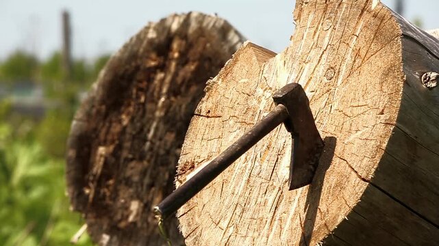 Axe hitting a wooden target outdoors in slow motion