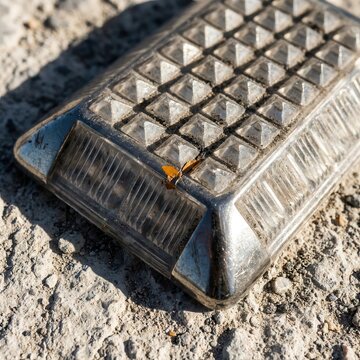 Reflective Road Stud on Rough Ground in Bright Sunlight