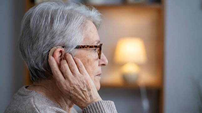 Senior woman adjusting her hearing aid device