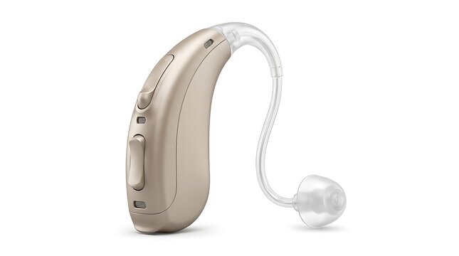 Modern beige behindtheear hearing aid isolated on white background