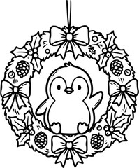 Fototapeta premium Penguin In Christmas Wreath Hand Drawn Christmas Penguin Doodle SVG Vector Illustration
