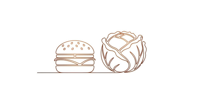 Minimalist line art drawing of a burger and fresh cabbage head