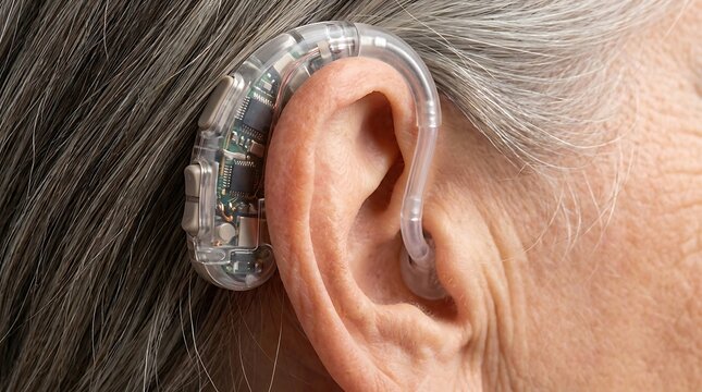 Closeup of a transparent hearing aid worn behind the ear