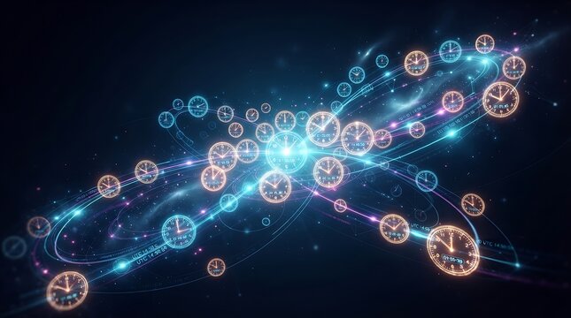 Abstract infinite time concept with glowing clocks moving along a digital pathway in deep space