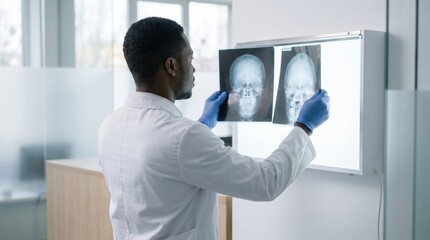 Fototapeta premium Doctor Examining X Ray Films Of A Human Skull On Light Box In Modern Clinic