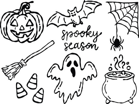 Spooky Season doodle vector elements featuring hand drawn Halloween decorations including a ghost, pumpkin jack o lantern, bat, cauldron, and witch broom