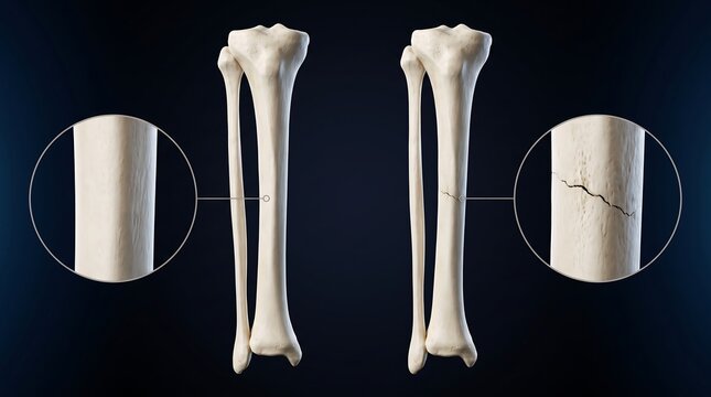 Anatomical illustration comparing a healthy human lower leg bone with a fractured tibia and fibula, including magnified views.
