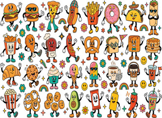 Obraz premium Cute fast food character collection featuring burgers fries donuts tacos hot dogs pretzels and snacks with playful cartoon mascots